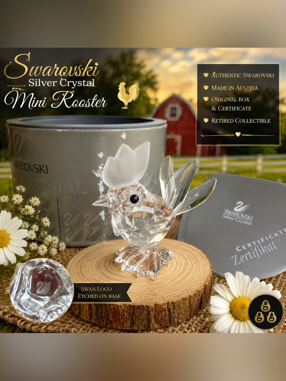 Swarovski Crystal Mini Rooster #845000 Clear Frosted Comb Bird Figurine w/BoxCOa